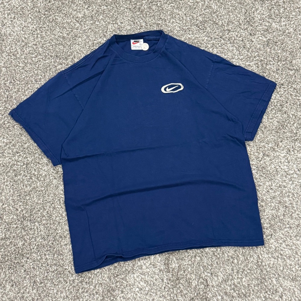Vintage 90s Nike Logo Tee Navy Embroidered Swoosh T-Shirt Made in USA Mens Large